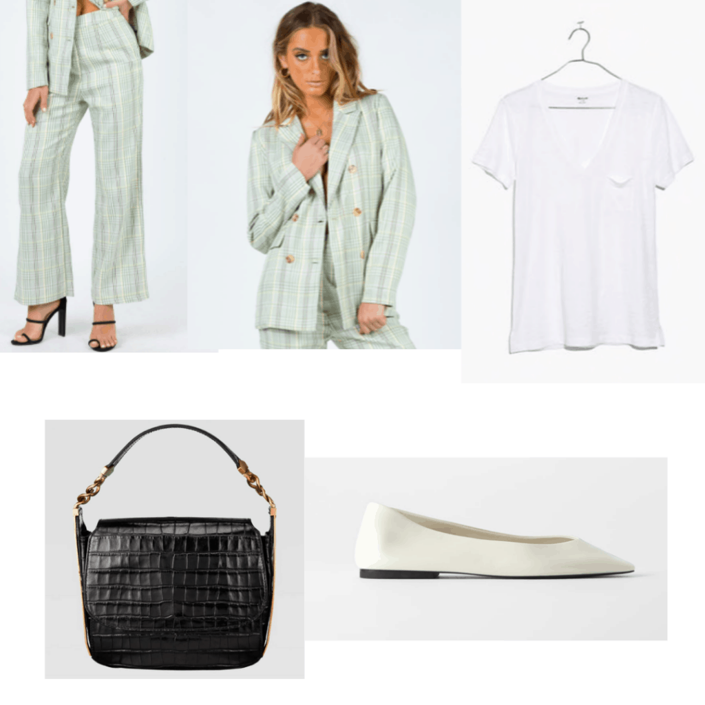 Outfit set with a pantsuit, t-shirt, black bag and white flats. 