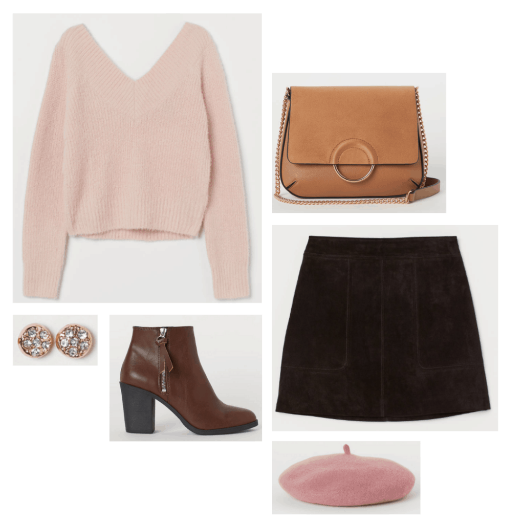 Outfit inspired by Claire from The Breakfast Club - pink sweater, burgundy skirt, burgundy boots, pink  beret