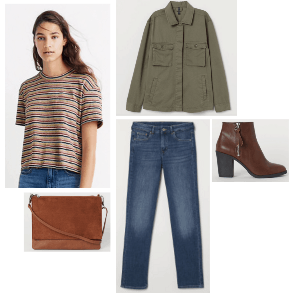 Outfit inspired by Sidney Prescott from Scream with striped tee, utility jacket, dark wash jeans, boots