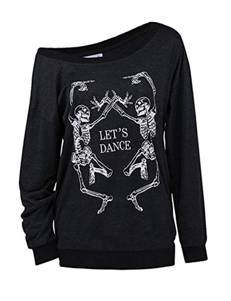 Black off the shoulder sweatshirt of two skeletons dancing - halloween costumes