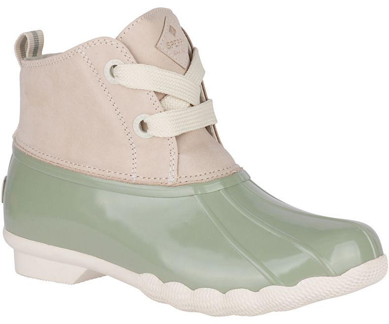 Seven Cute Pairs of Rain Boots to Jazz Up Your Rainy Day Look: Sperry Saltwater 2-Eye Nubuck Duck Boot in off-white sage green with lace-up opening 