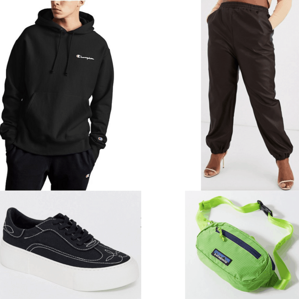 Outfit set with black hoodies, black pants, and sneakers and a fanny pack. 