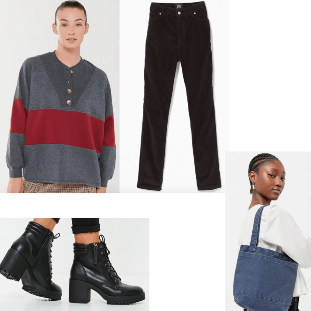 Outfit set striped pullover, corduroy pants, boots and jean bag. 