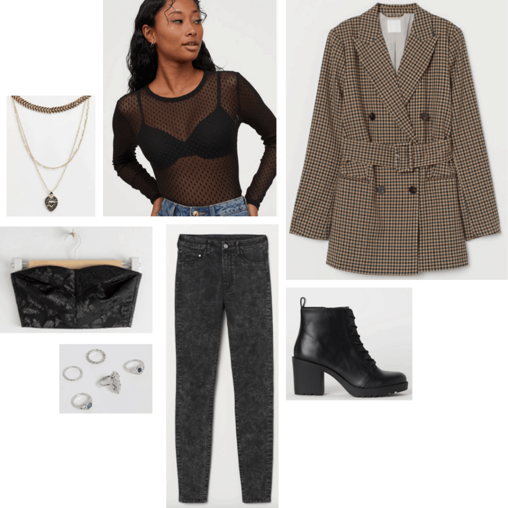 Desperately Seeking Susan fashion: Outfit inspired by Susan's style with plaid blazer, sheer bodysuit, printed jeans, bustier, boots