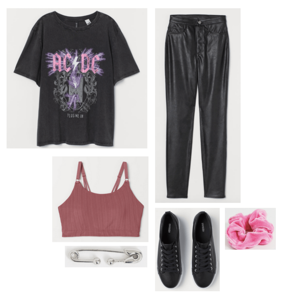 Outfit inspired by the style in Desperately Seeking Susan with graphic tee, faux leather leggings, pink scrunchie, rust bralette, black sneakers