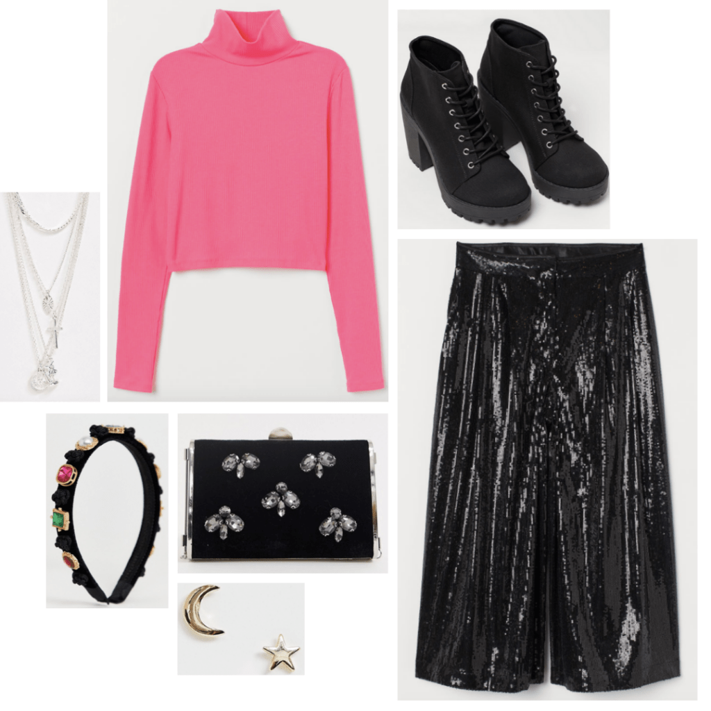 Desperately Seeking Susan fashion: 80s party outfit with sequin trousers, jeweled clutch, embellished headband, chunky heel boots