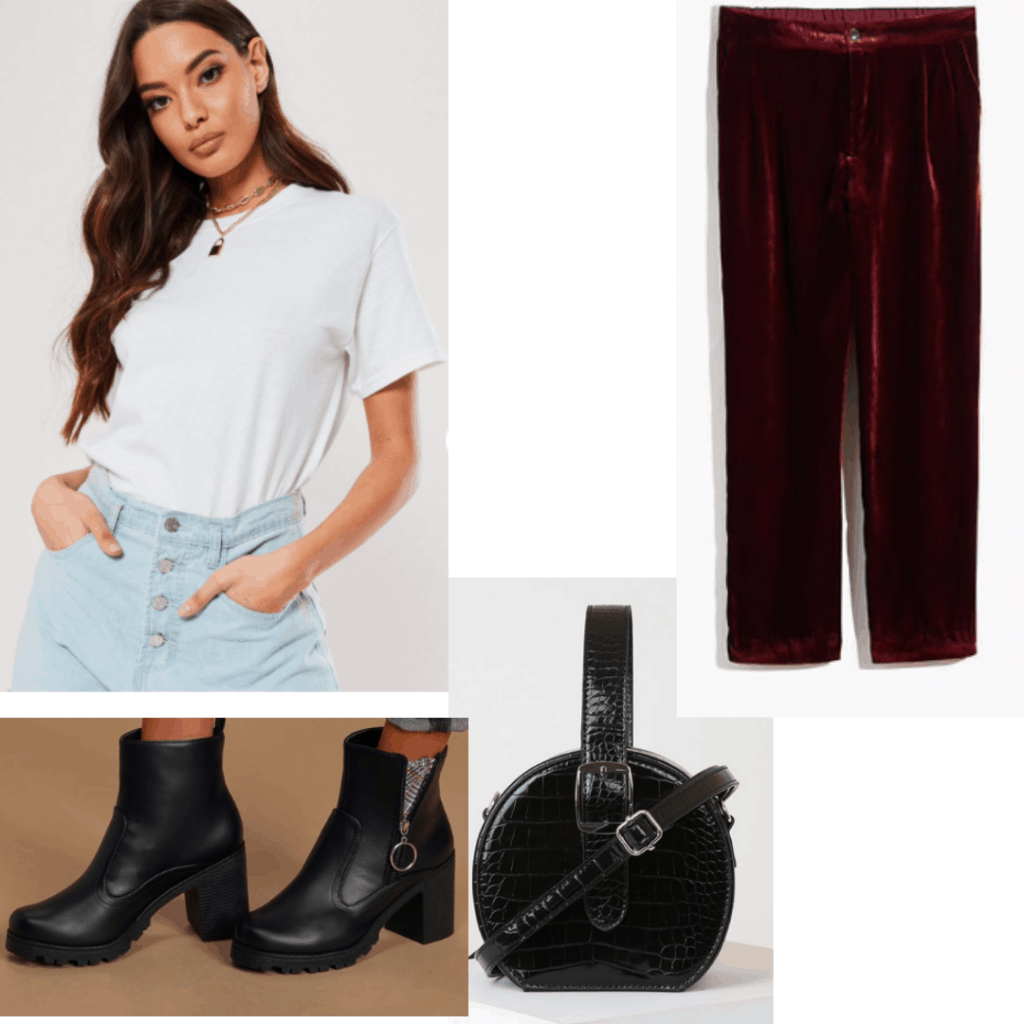 Outfit set with white tshirt, velvet pants, black boots and bag. 