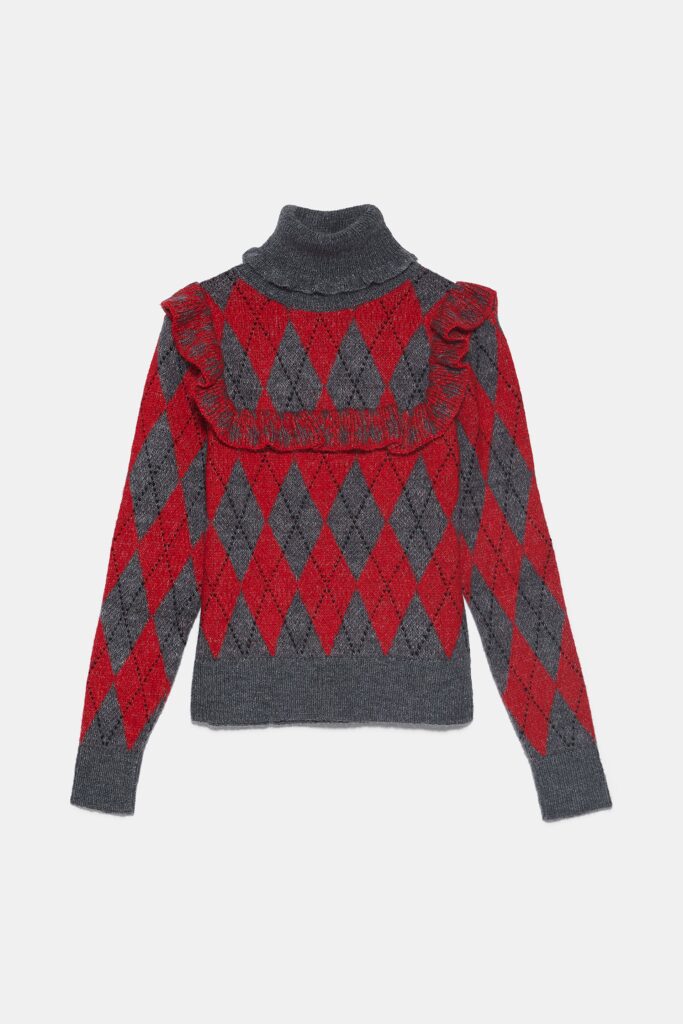 Six Fun Printed Sweaters Guaranteed to Liven Up Your Cold-Weather Wardrobe: Red-and-Gray Ruffled Argyle Sweater