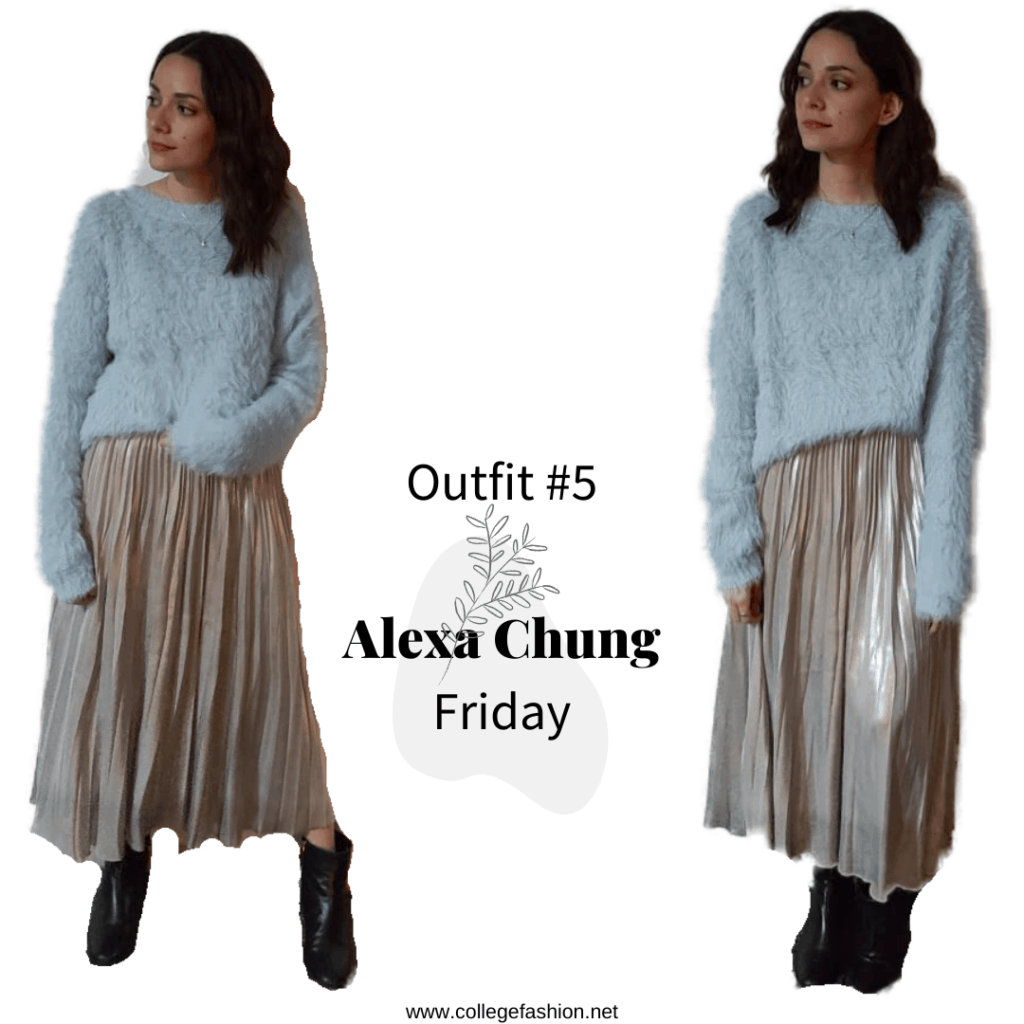 Friday Outfit Alexa Chung: fuzzy sweater, midi skirt, booties