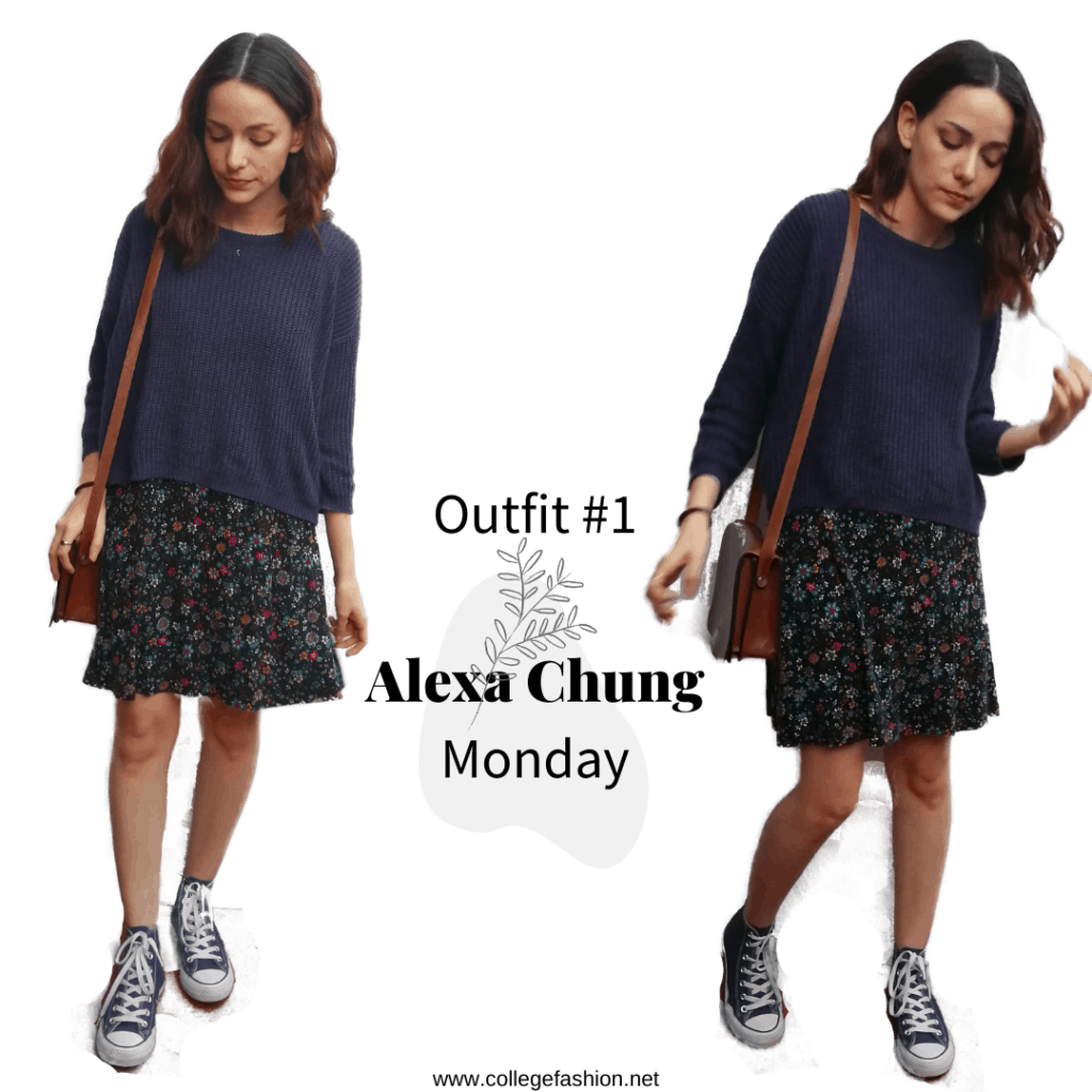 Monday Outfit Alexa Chung: blue dress, sweater, converse, bag