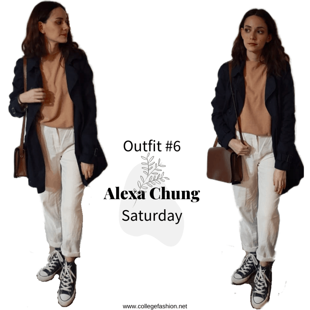 Saturday Outfit Alexa Chung: sweater, pants, coat, converse, bag