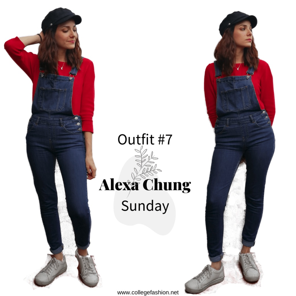 Sunday Outfit Alexa Chung: overalls, sweater, sneakers, hat