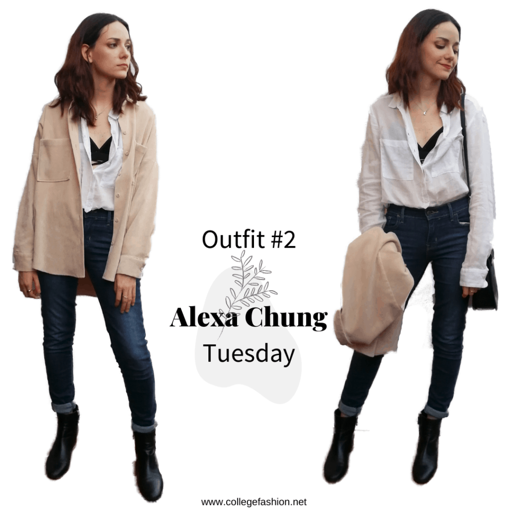 Tuesday Outfit Alexa Chung style: jeans, shirt, bralette, corduroy shirt, booties