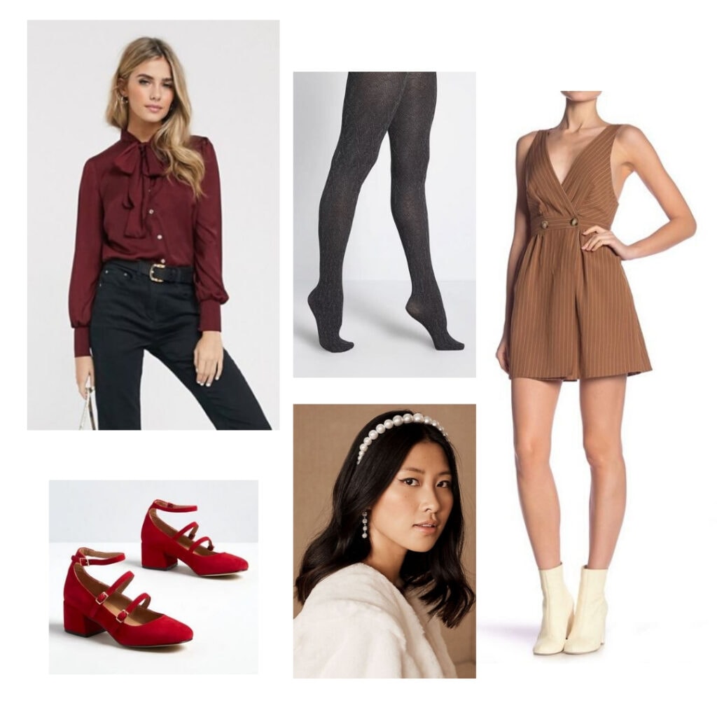 What to wear to a holiday party - Red blouse, grey tights, brown dress, pearl headband, red shoes.