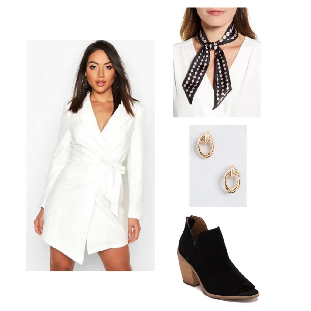 White dress, black and pink scarf, gold earrings, black boots.