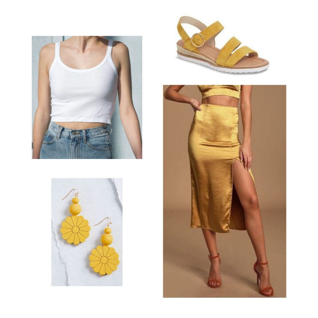 white tank top, yellow silk skirt, yellow sandals, yellow flower earrings.