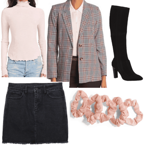 Lana Del Rey style - Ultraviolence inspired outfit set with plaid blazer, jean skirt, pink scrunchie, lettuce hem shirt