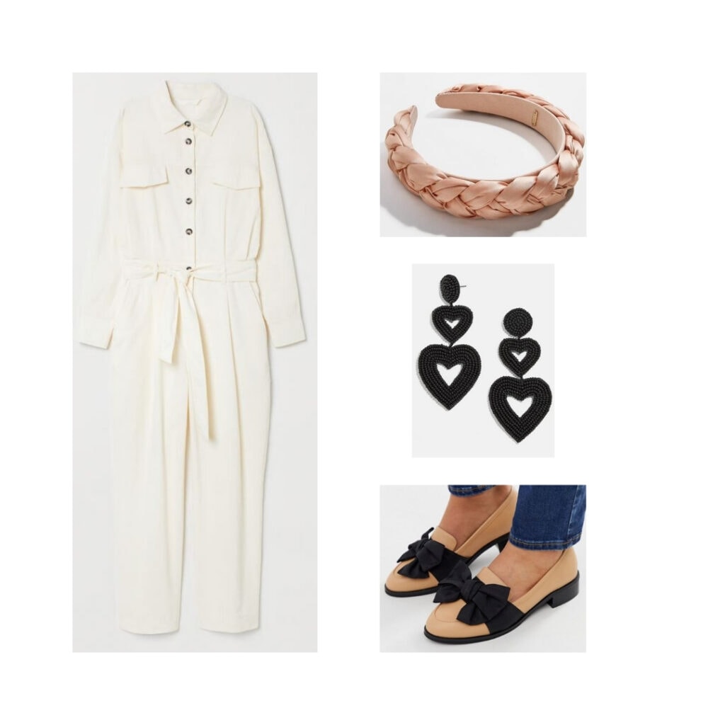 White jumpsuit, pink braided headband, black heart earrings, and shoes with bows.