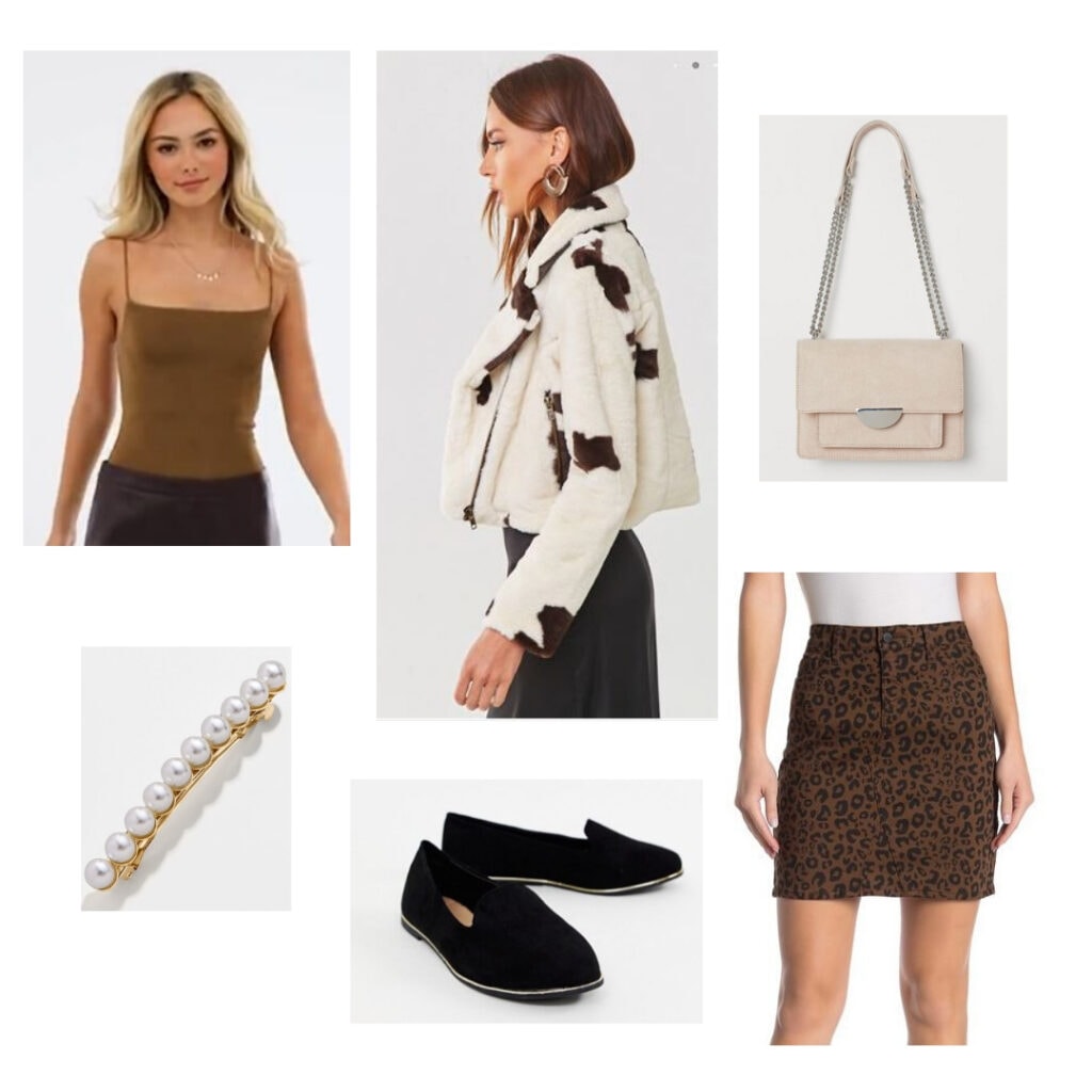 What to wear to a holiday party: Brown shirt, white + brown fur jacket, purse, brown leopard skirt, black flats, pearl barrette.