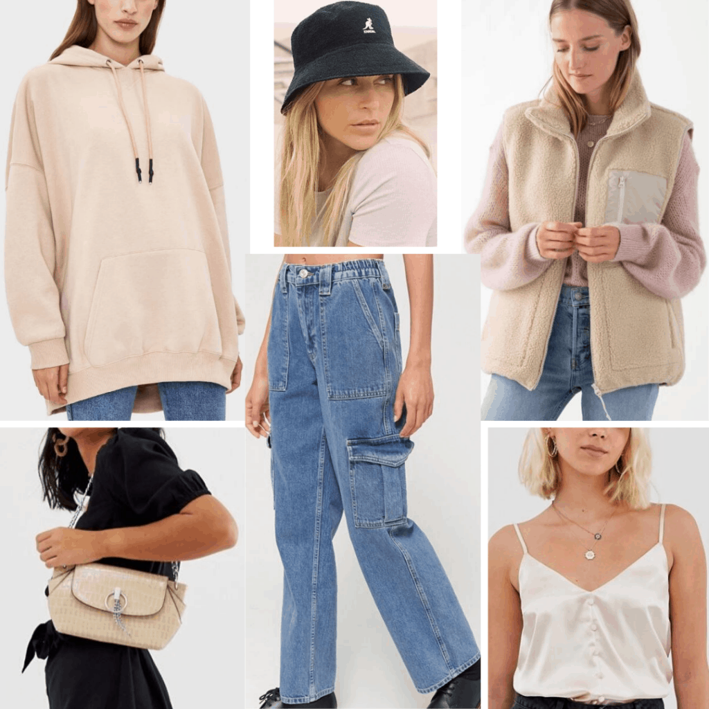 Korean fashion - street style outfit with baggy mom jeans, satin cami, sweatshirt, baggy vest, neutral bag, bucket hat