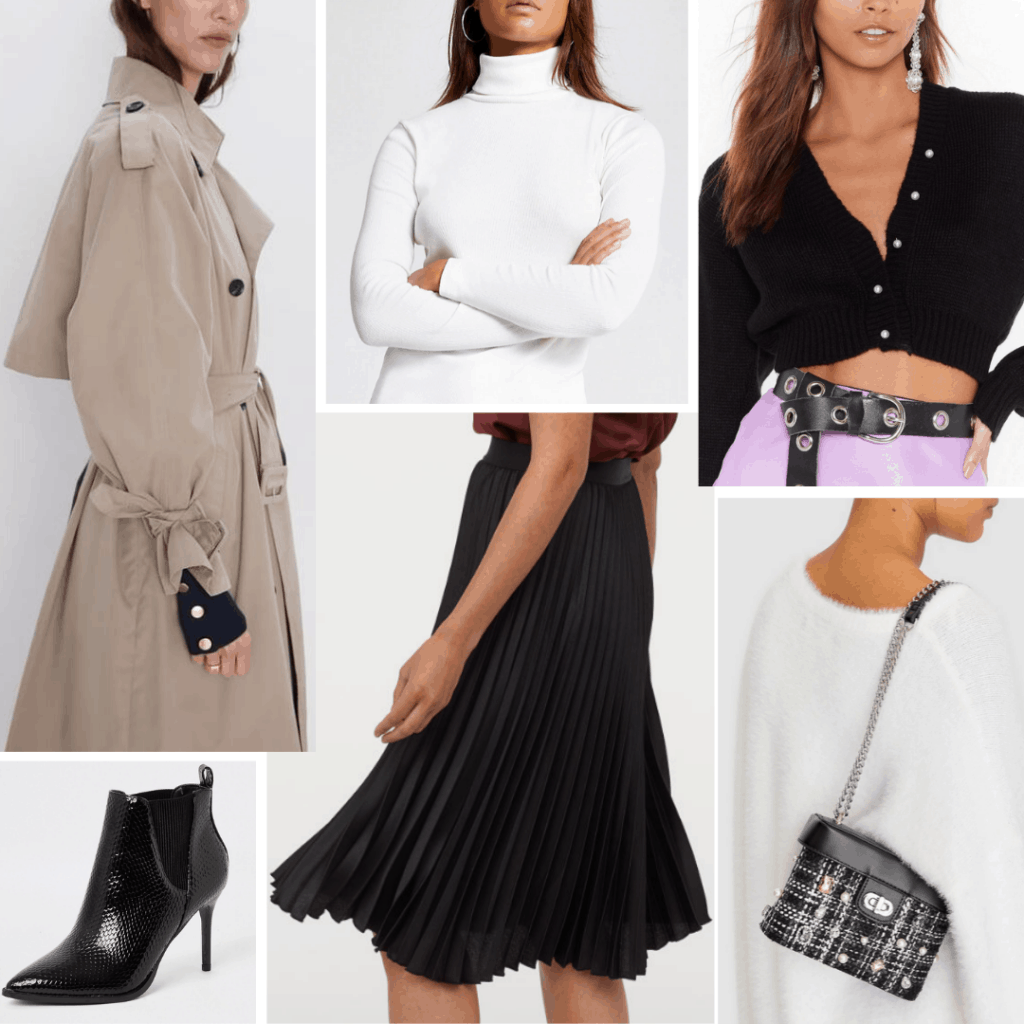 Korean fashion inspired outfit -- feminine trench coat, white turtleneck, black cardigan, black pleated skirt, mini bag