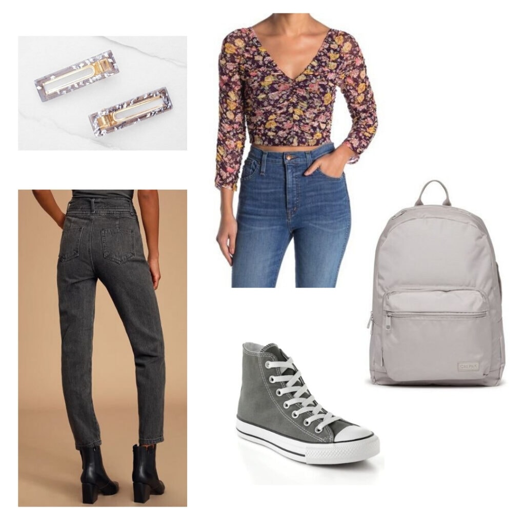 In the heights fashion: Light purple hair clips, floral top, grey jeans, grey Converse, grey backpack.