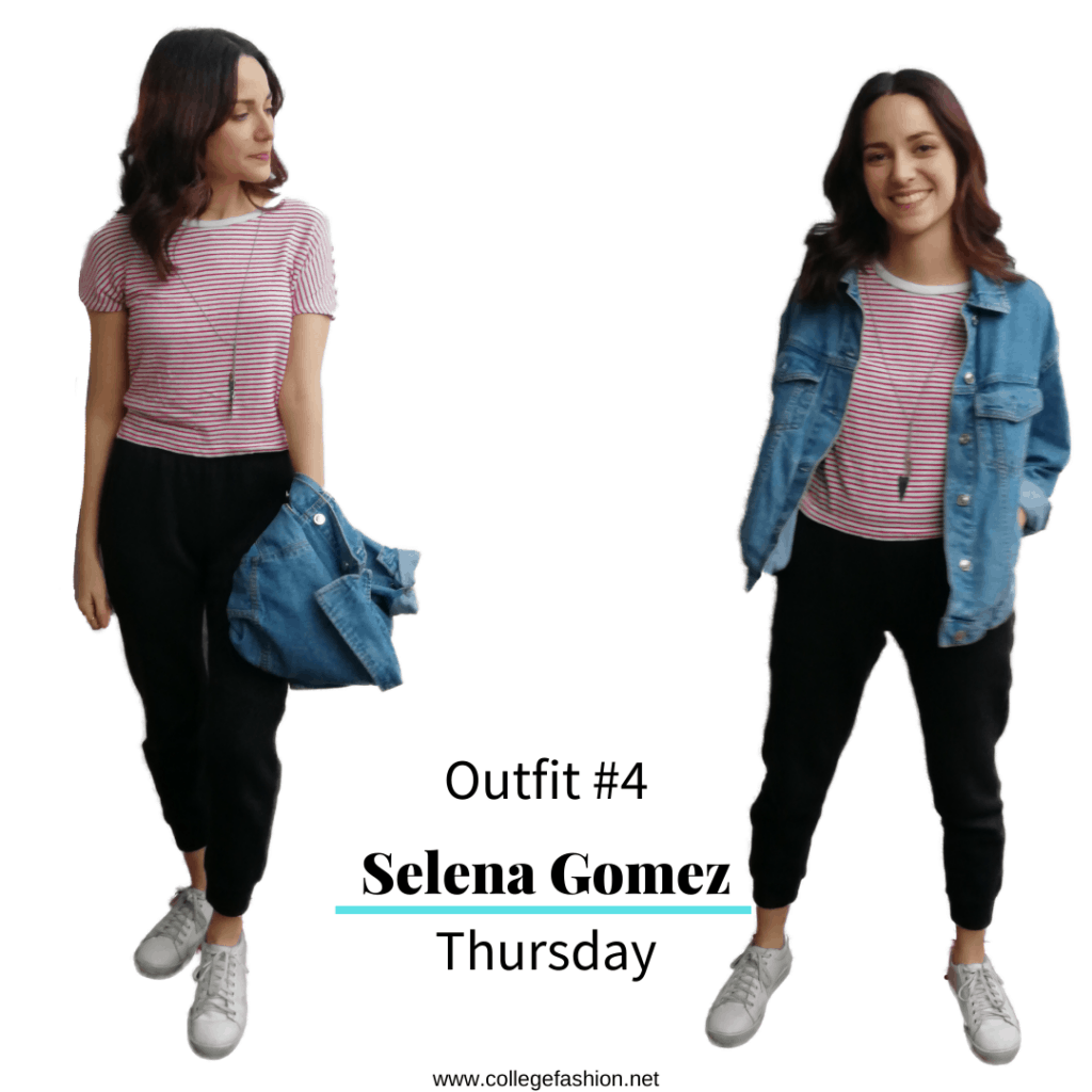 Selena Gomez Style Thursday: black pants, striped tee, sneakers, denim jacket