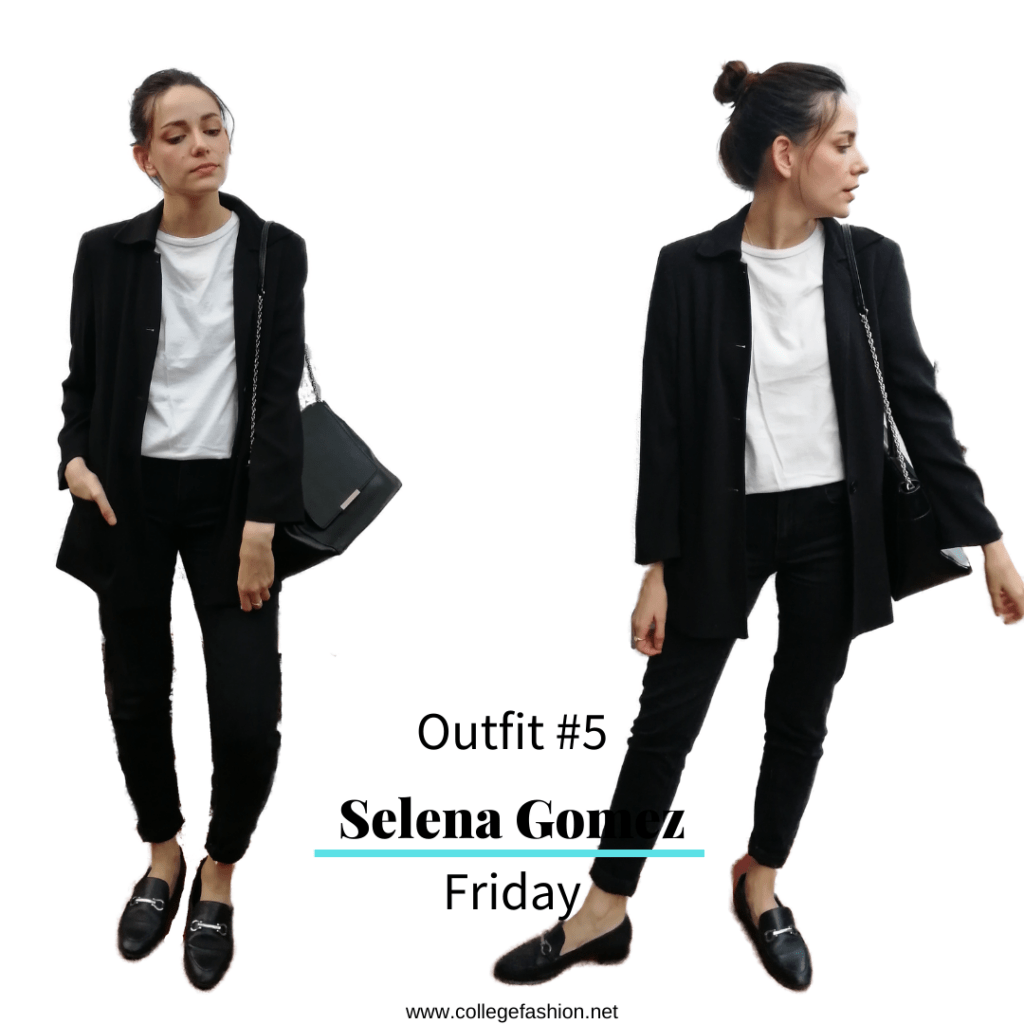 Selena Gomez Style Friday: black jeans, white tee, black coat, loafers, purse