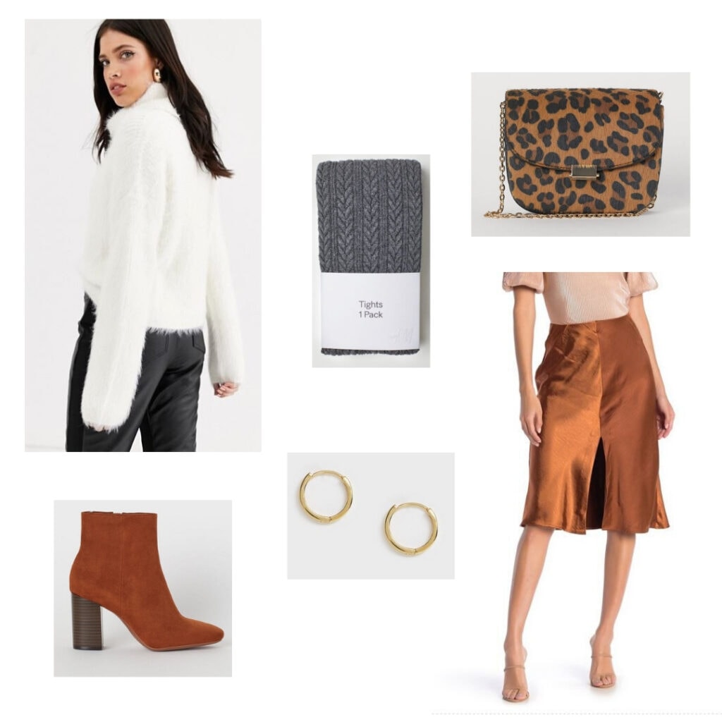 What to wear to a holiday party: White sweater, grey tights, leopard bag, orange skirt, gold earrings, orange boots.