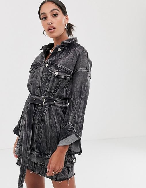 Acid wash denim belted jacket