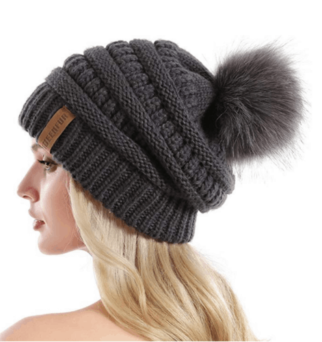 Oversized winter pom pom hat from Amazon - what to wear in snow