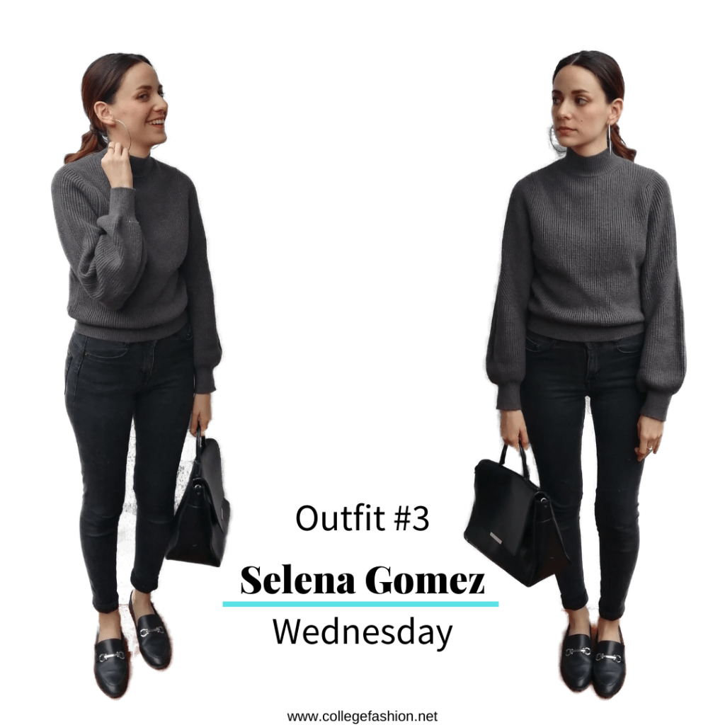 Selena Gomez Style Wednesday: grey sweater, jeans, loafers, bag