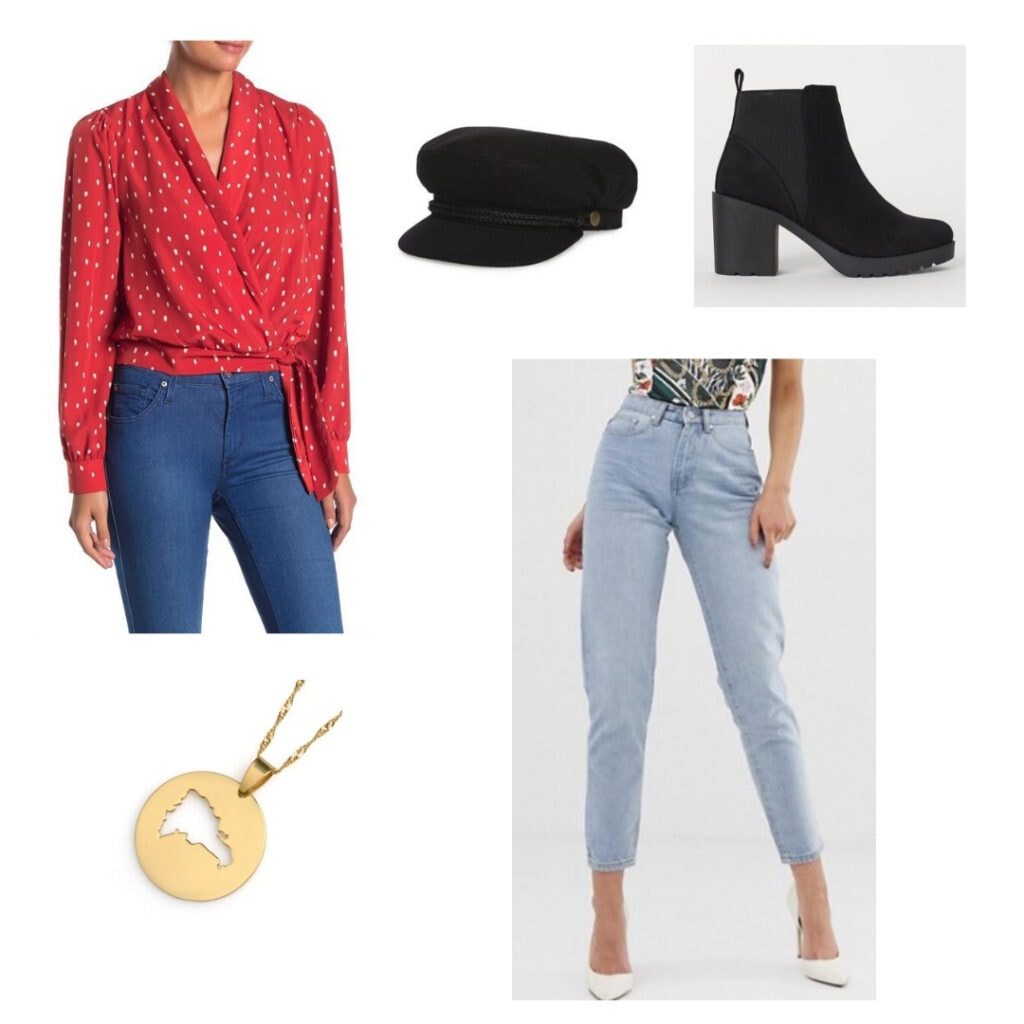 In the heights fashion - Usnavi outfit: Red blouse, black cap, black heeled boots, light blue jeans, gold Dominican Republic necklace.