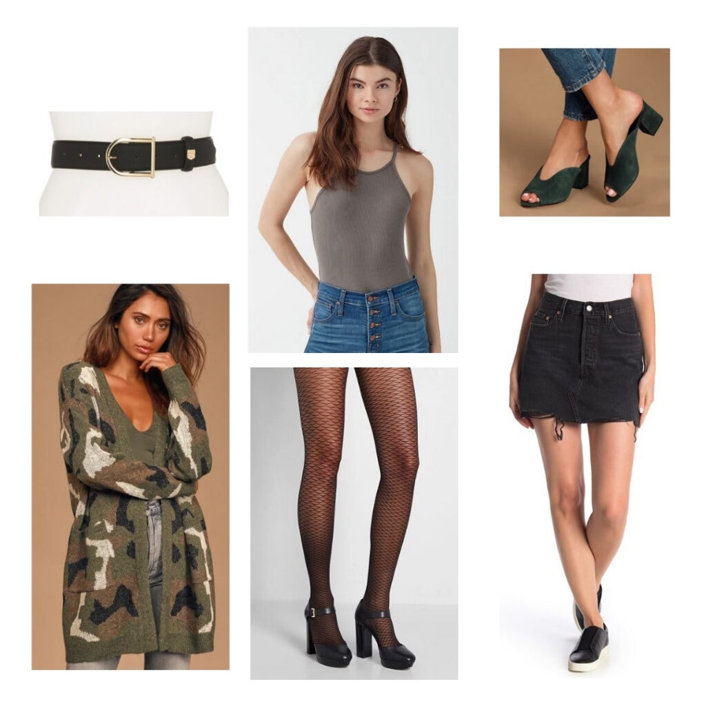 In the heights fashion - Vanessa outfit: Belt, camo sweater vest, olive green top, black tights, black jean skirt, green block heels.