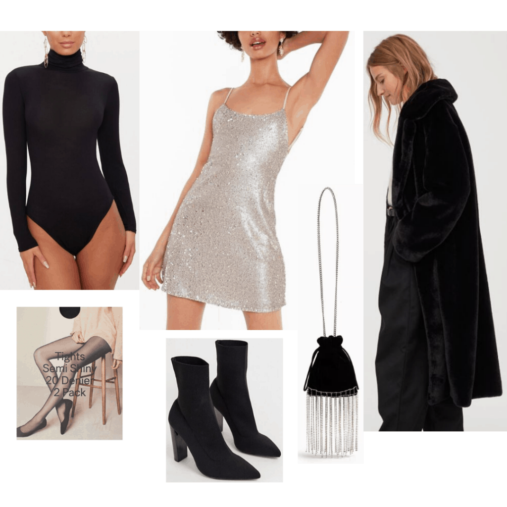 Winter party outfits - cute outfit for a winter party with sequin dress, black coat, black sock booties, black bodysuit, chain bag