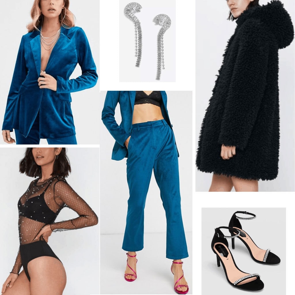 Winter party outfits: Cute winter party outfit idea with teal velvet suit, oversized coat, strappy heels, bralette, dangle earrings