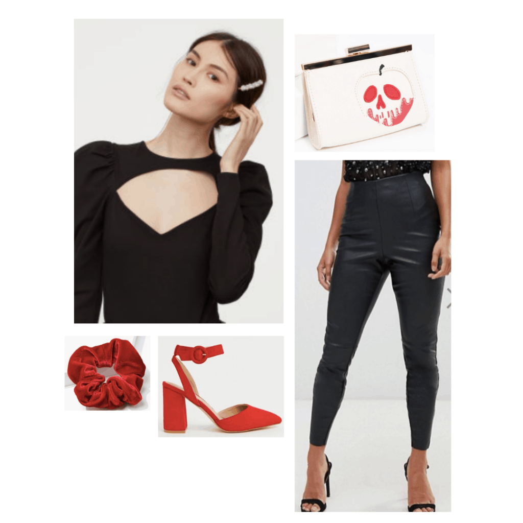 Evil queen fashion - outfit inspired by the Evil queen from Snow White with black leather pants, velvet cutout top, red heels, skull bag