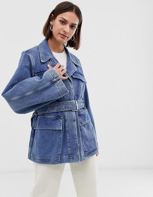 Oversized denim blazer with waist belt detail