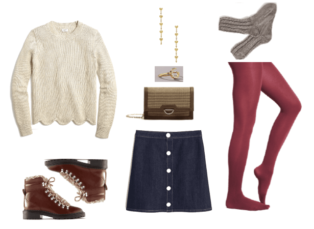 The New Ways to Wear Colored Tights for Winter 2020 | colored tights Outfit #1 with button front skirt, scalloped sweater, socks, ankle boots