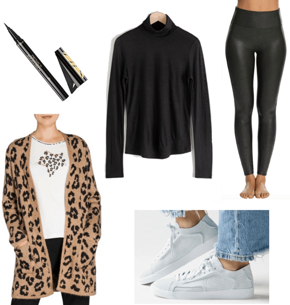 Cheetah cardigan outfit: Outfit set with cheetah cardigan, black top, black leggings, and white sneakers. 