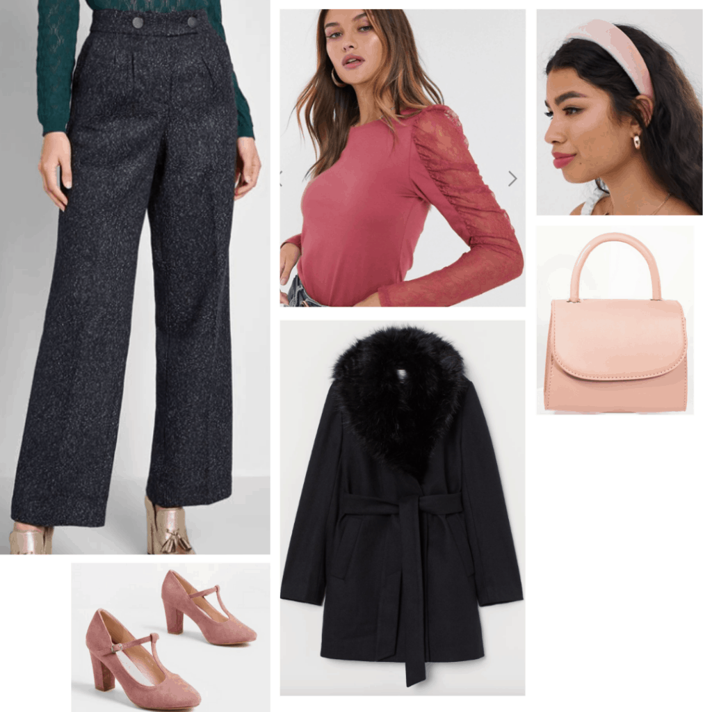 Cruella de vil style: Outfit inspired by Cruella with wide leg pants, puff sleeve top, pink headband, pink purse, black coat, pink heels