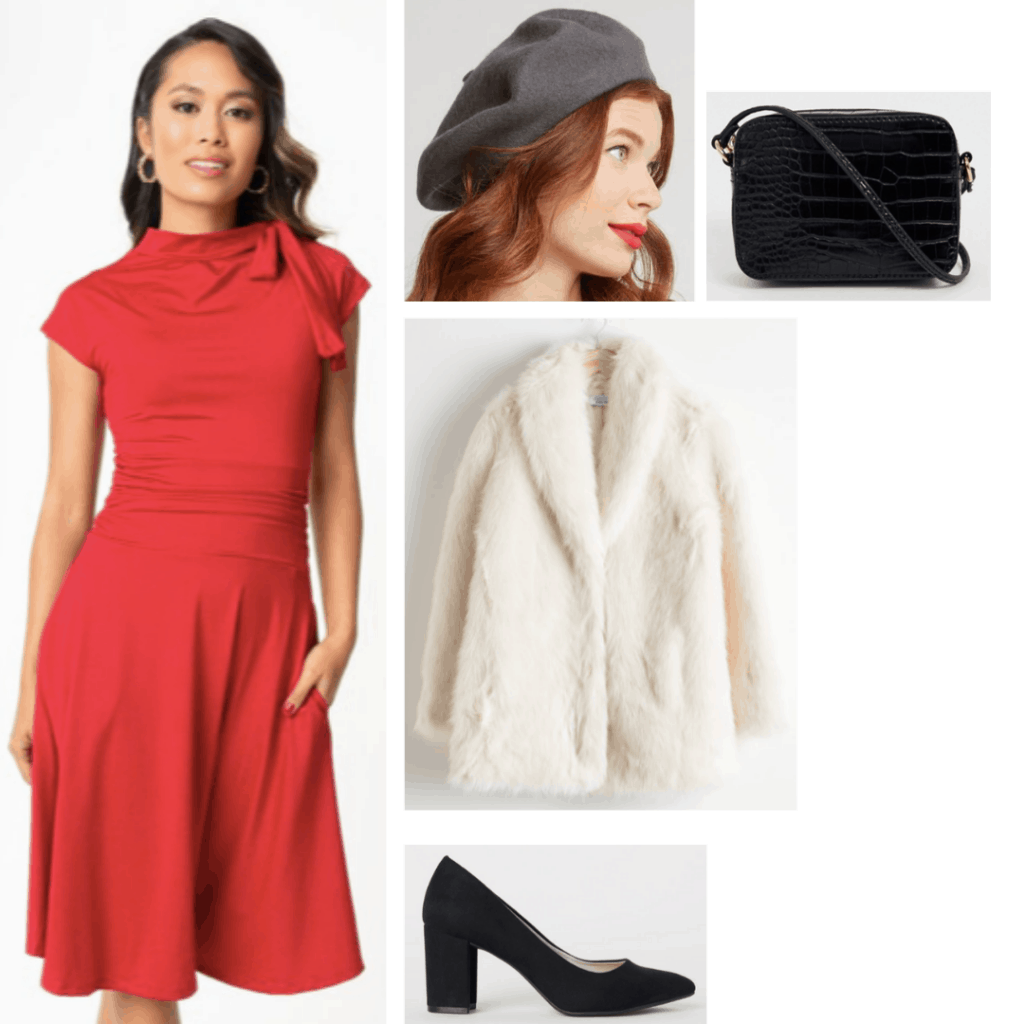 Cruella de Vil style: Outfit inspired by Cruella with red dress, white coat, black beret, black purse, black heels