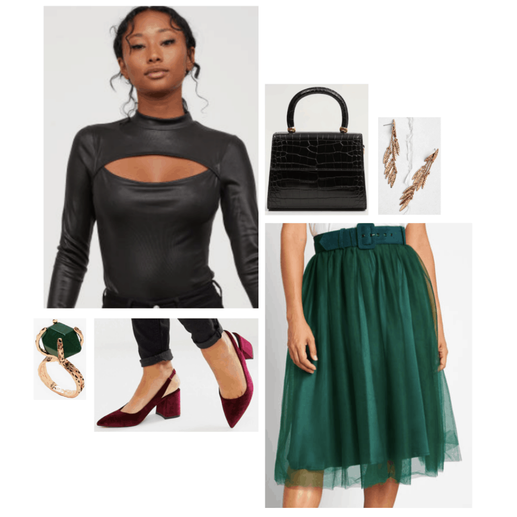 Maleficent fashion: Outfit inspired by Maleficent with green tulle skirt, red velvet heels, black leather top, gold jewelry