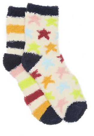 Fuzzy socks with stripes and stars patterns.