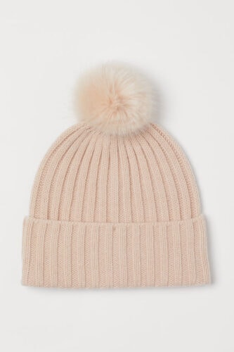 Knit Hat with Pompoms in Light Beige