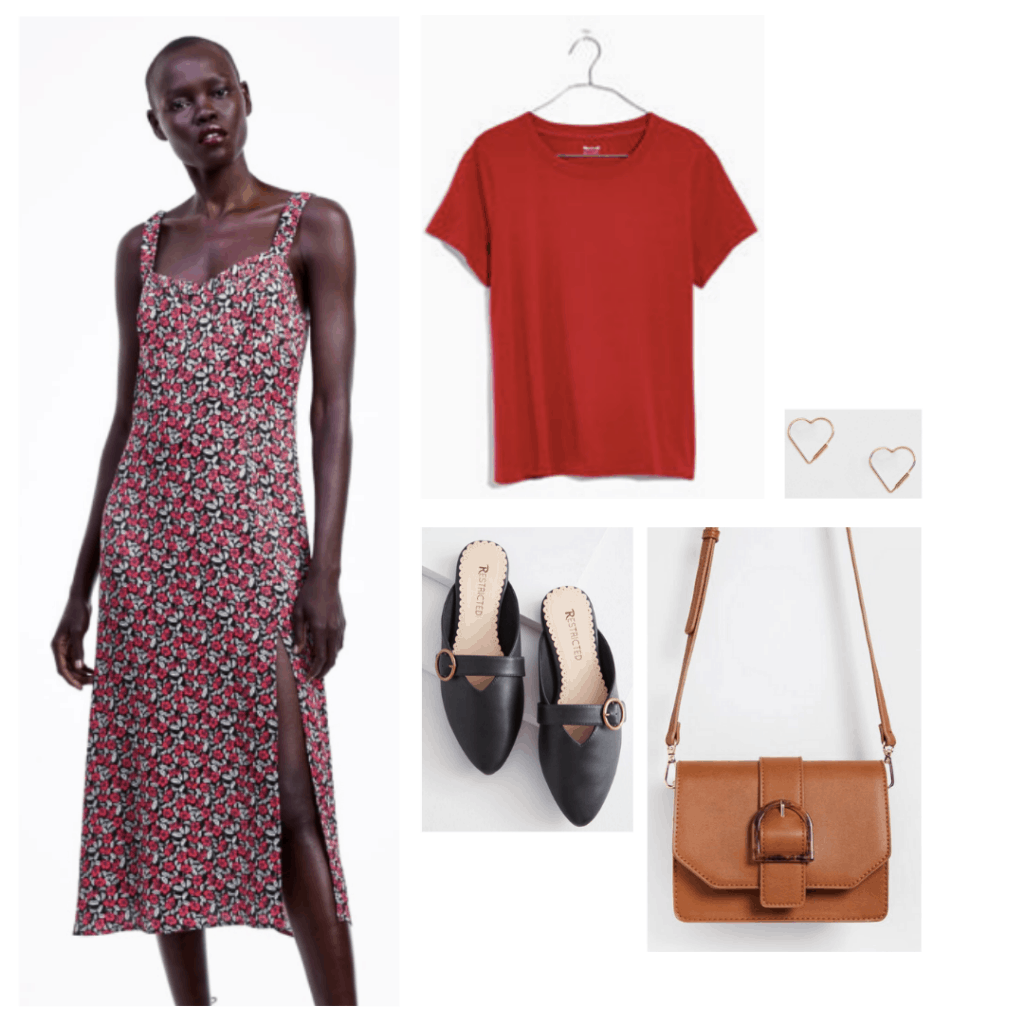 Outfit inspired by Samantha's style in sixteen candles: Printed midi dress, red t-shirt, slip on flats, heart earrings, crossbody bag