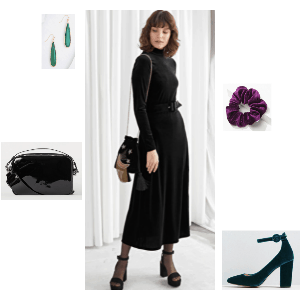 Maleficent fashion: Outfit inspired by Disney's maleficent with black velvet dress, purple velvet scruchie, green earrings, black purse, velvet heels