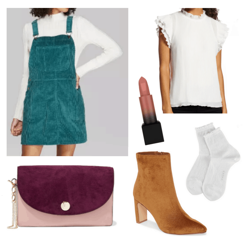 What to wear to friendsgiving - friendsgiving outfit idea with teal velvet overall dress, ruffled white top, brown ankle boots, burgundy and pink purse, white socks