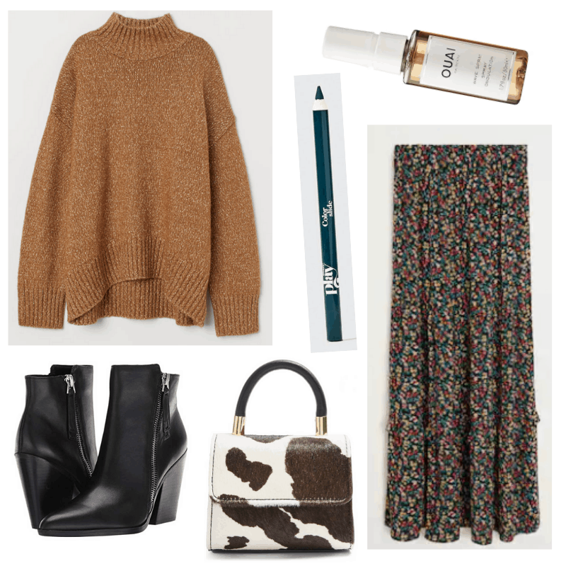 What to wear to friendsgiving - friendsgiving outfit idea with oversized sweater, long skirt, ankle boots, cow print bag