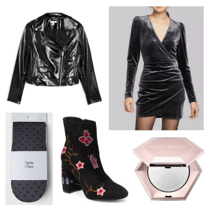 What to wear to friendsgiving - friendsgiving outfit idea with moto jacket, floral ankle boots, tights, velvet wrap dress